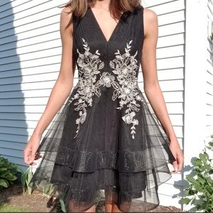 Floral embroidered blck tulle BCBG Cocktail dress size 4